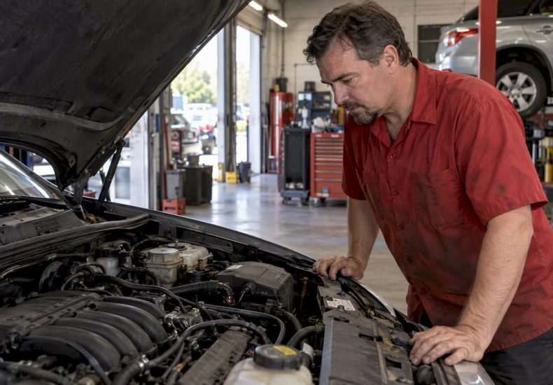 Technician observing an engine at idle