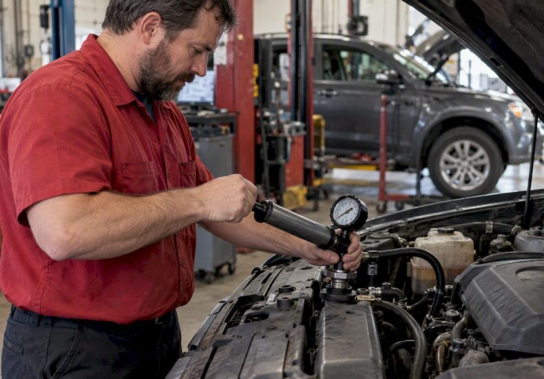 Technician pressure testing a vehicle cooling system