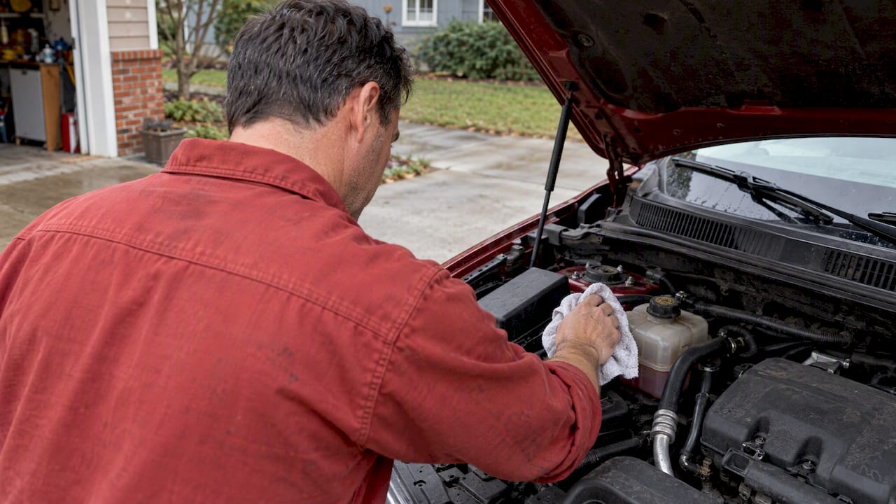 Owner wiping a suspected coolant spot