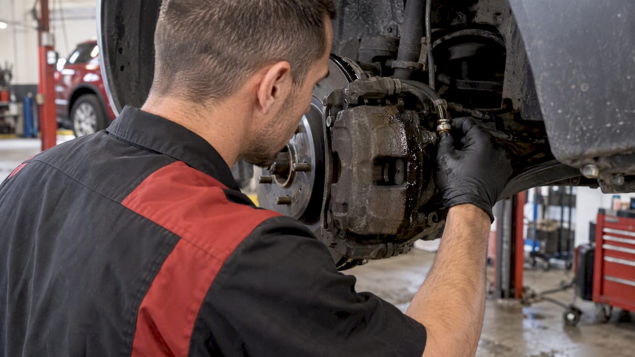 Technician inspecting a leaking brake caliper