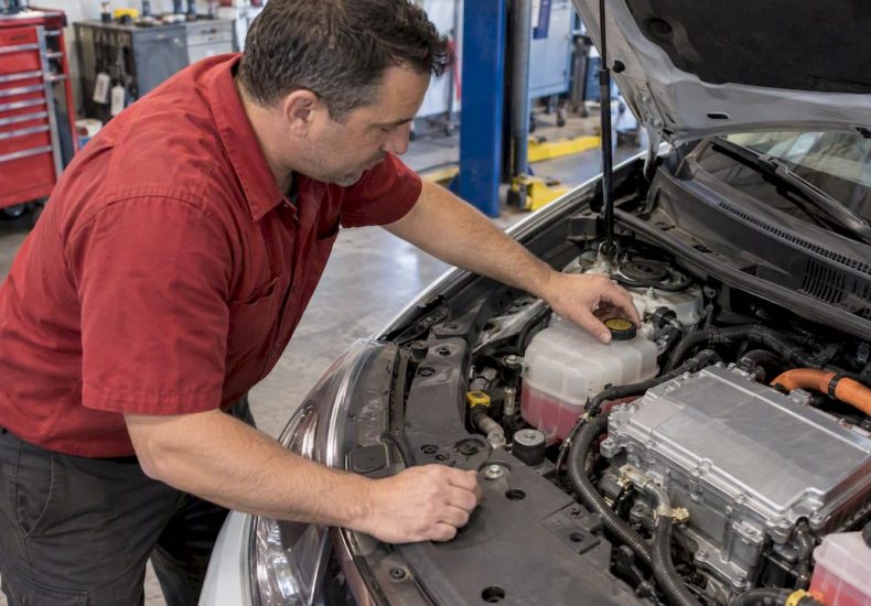 Technician checking a hybrid coolant reservoir