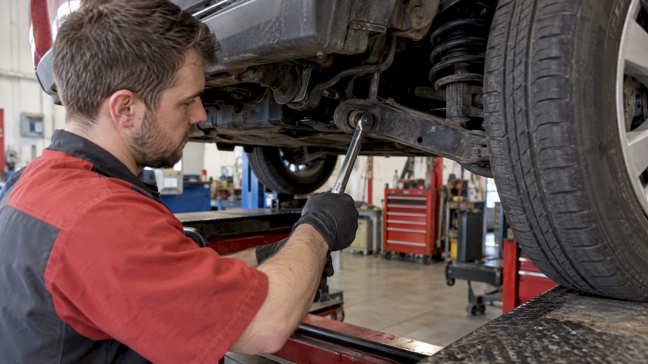 Mechanic torquing a loaded control arm bushing