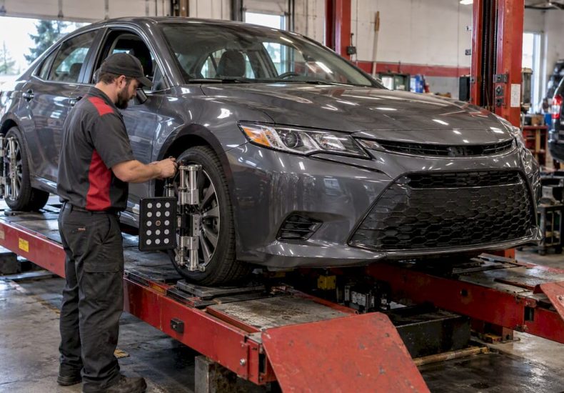 Technician aligning a sedan on a rack