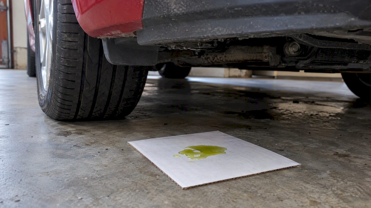 Colored coolant drip on cardboard beneath car
