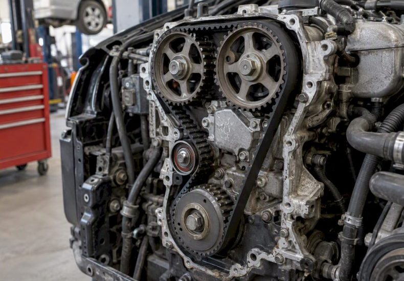 Timing belt and pulleys visible inside an engine